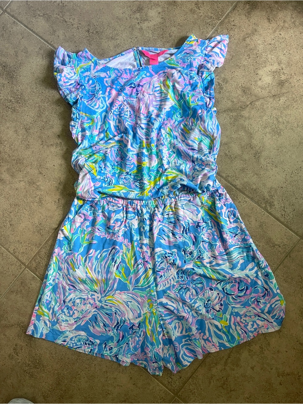 LILLY PULITZER Romper size M Pink Blue Paisley FLUTTER Sleeves MEDIUM shorts